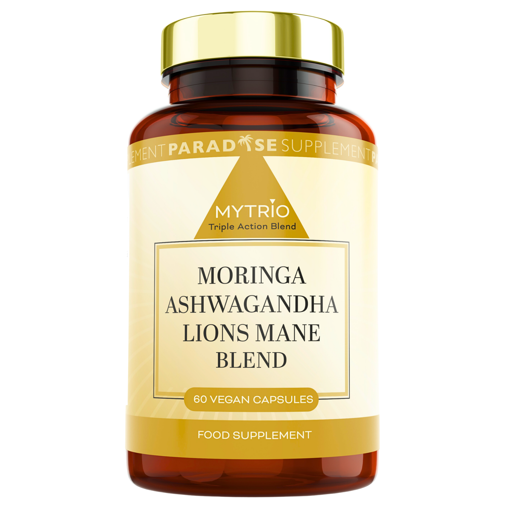 Mytrio Moringa supplement bottle – natural energy, immune support, and antioxidant blend with 60 vegan capsules.