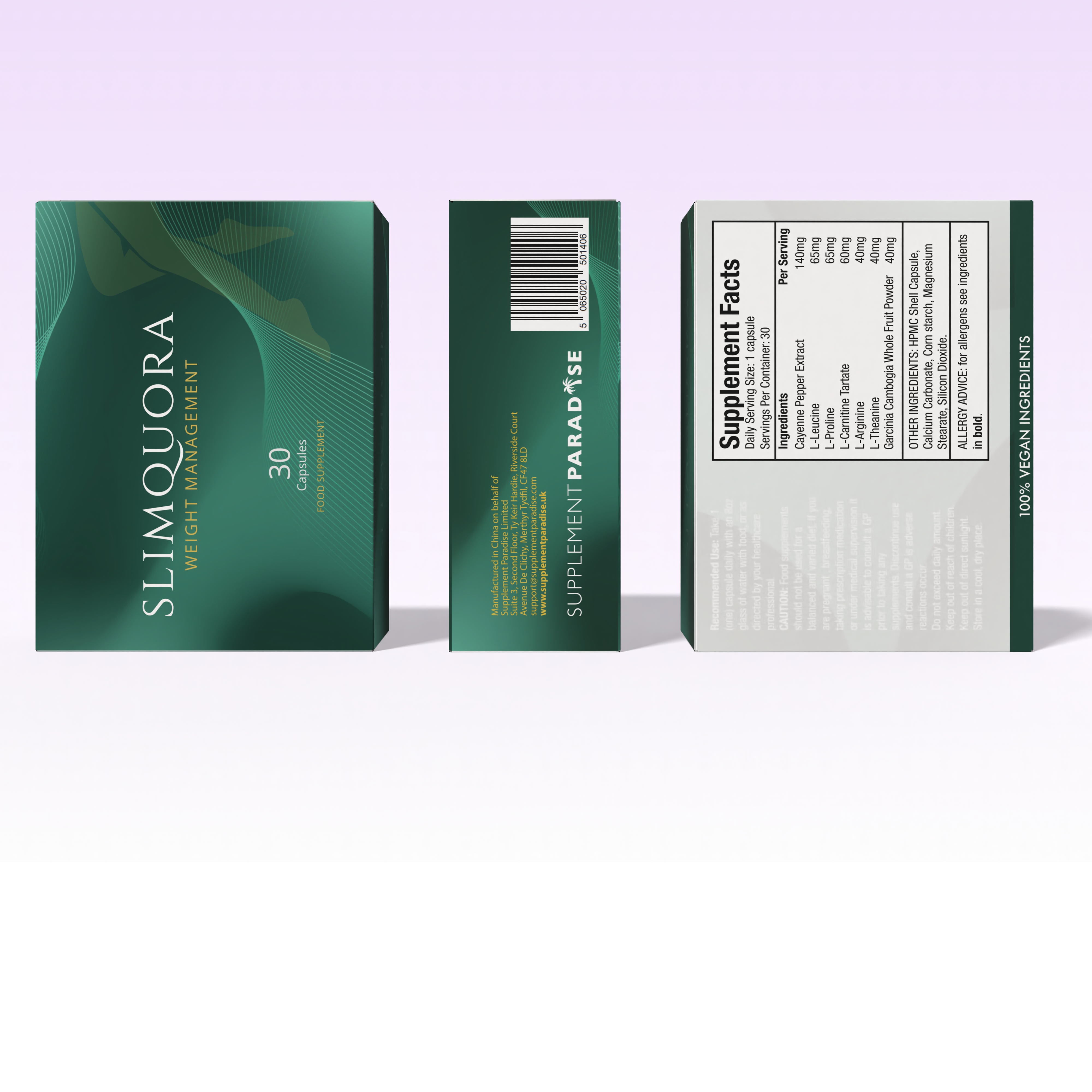SlimQuora Weight Management Food Supplement – full 360° view showing front label, nutritional information, ingredients list, supplement facts, and packaging details. The green and gold box highlights '30 Capsules' and 'Food Supplement' with all essential product information visible from every side, offering a complete look at the SlimQuora design and formula