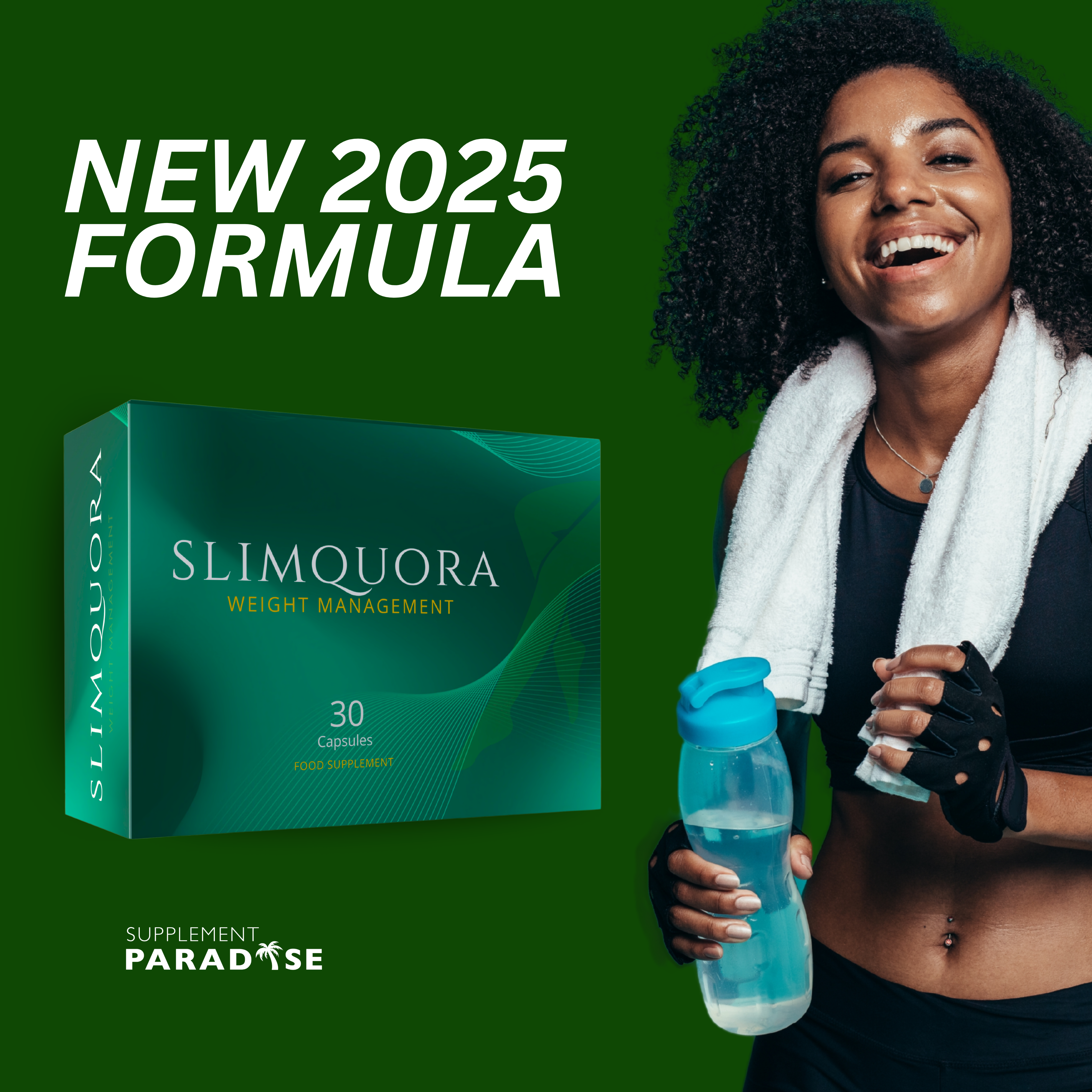 A smiling young woman holding a SlimQuora Weight Management box, showcasing the new 2025 formula. The vibrant banner highlights the product with a green and gold design, featuring the text 'New Formula 2025' for weight management support. The clean background and confident expression emphasize health, fitness, and wellness.
