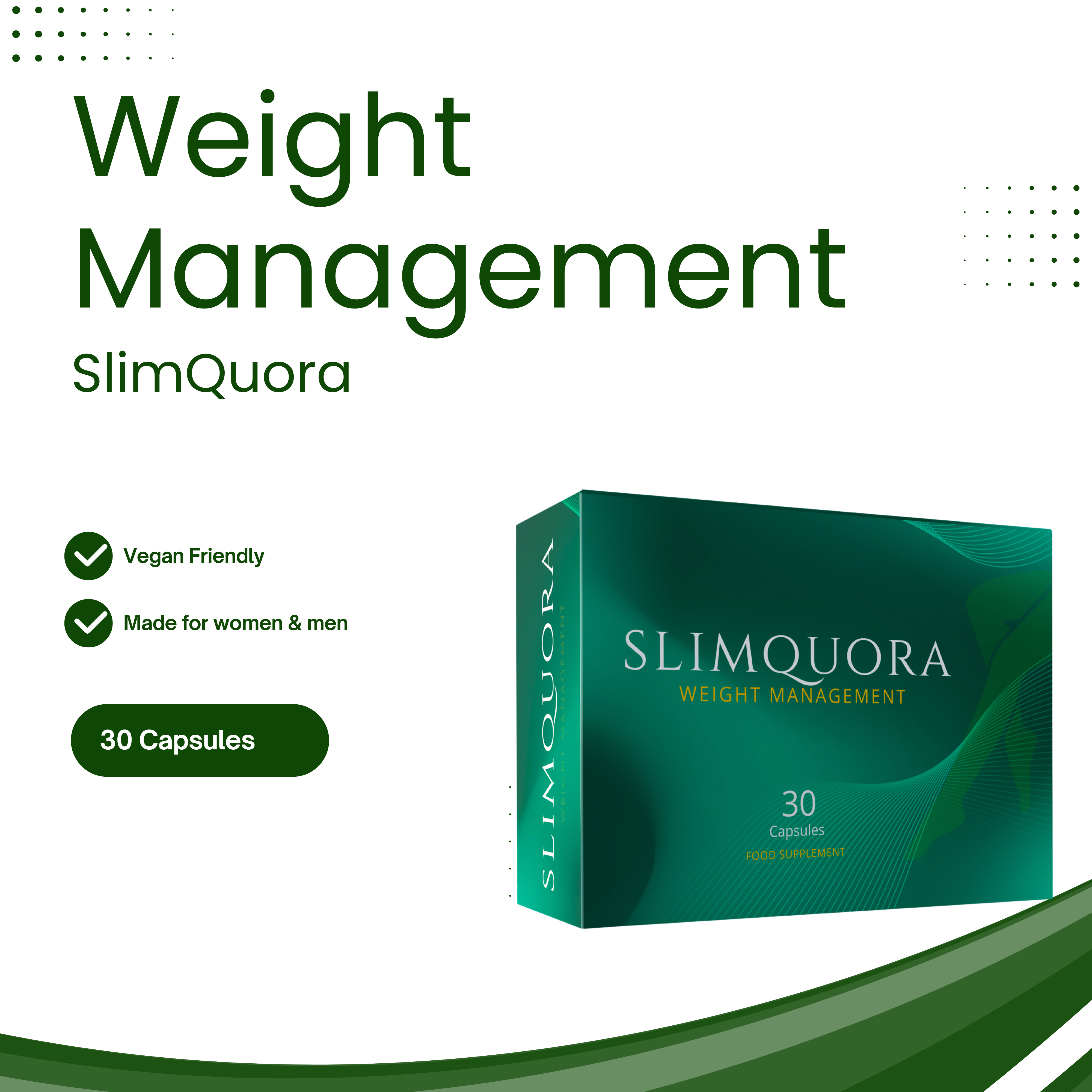 SlimQuora Weight Management banner featuring green and gold packaging, highlighting that the product is suitable for vegans and designed for both women and men. The clean, professional design emphasizes natural weight support, healthy living, and inclusive wellness for all lifestyles
